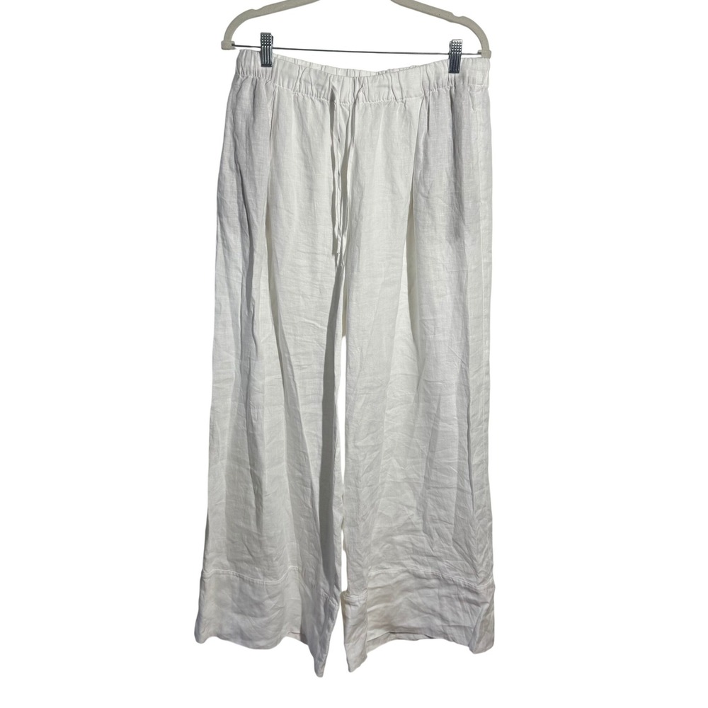 Zara White Linen Wide Leg Pants Elastic Waist Drawstring Pockets Size L Coastal